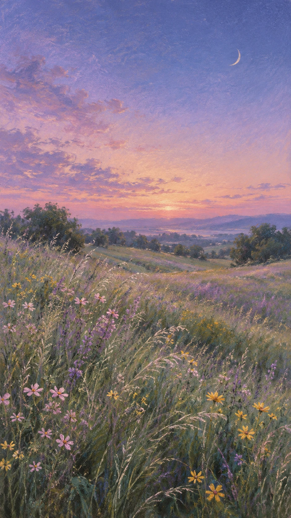 A Quiet Meadow of Wildflowers Beneath a Soft Twilight Sky