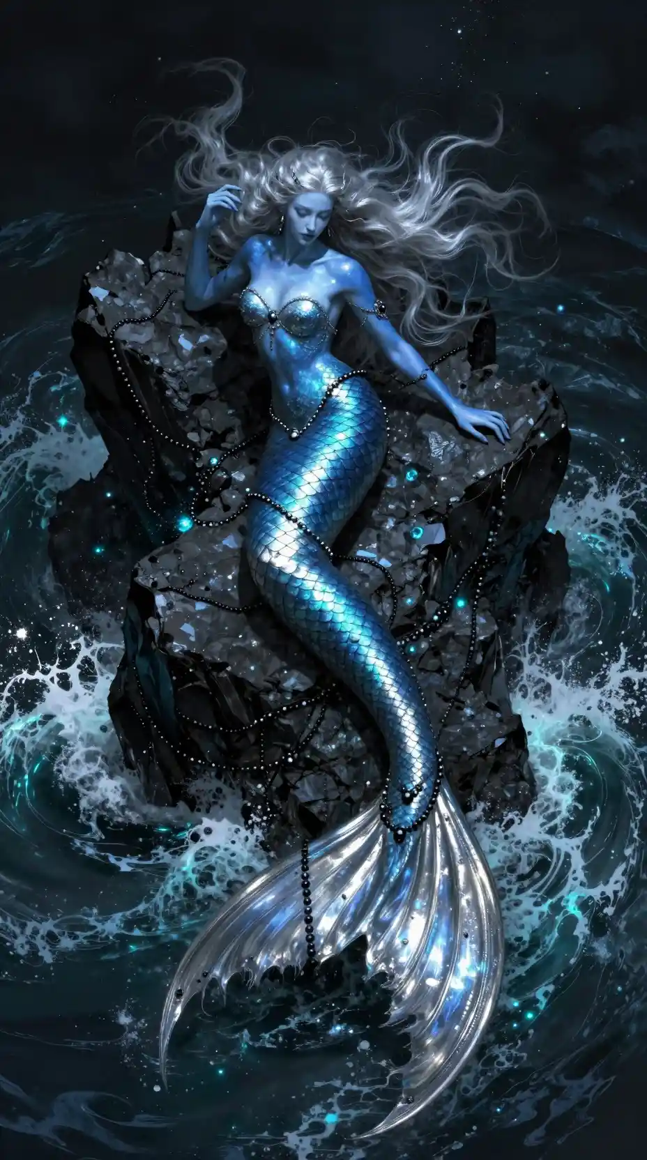 A Sea Siren Perches On Jagged Rocks Amid Crashing Waves