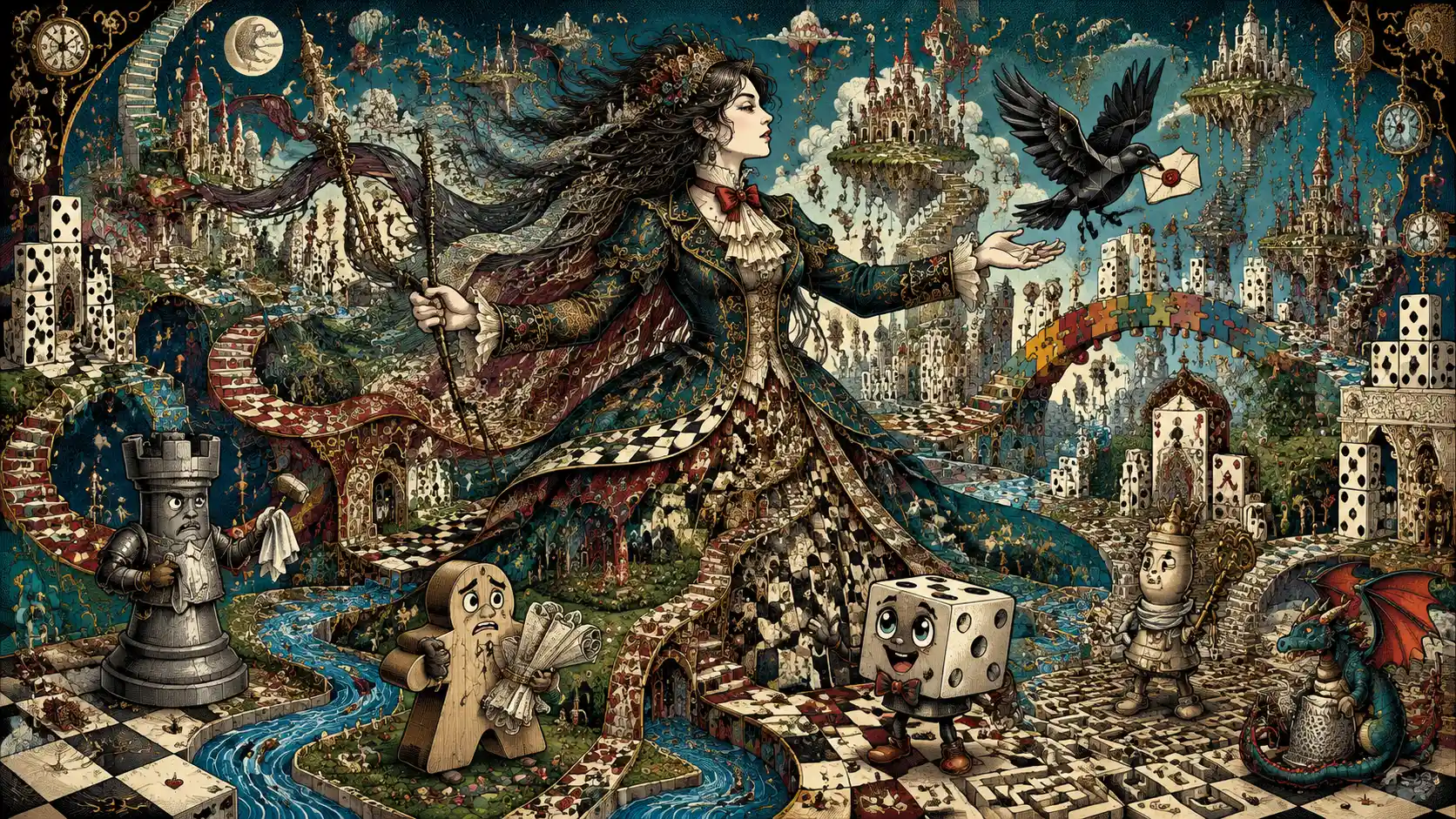 A female guardian stands at the center of an impossible game board