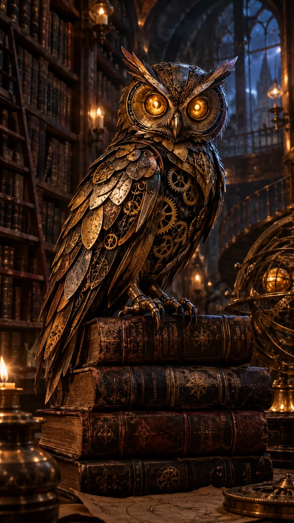 A clockwork owl perches atop antique books in a fantastical library