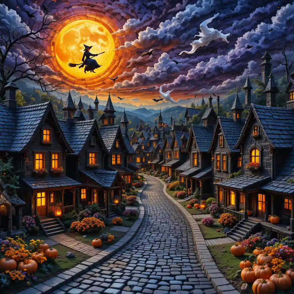 Un villaggio di Halloween con case infestate e lanterne di zucca luminose