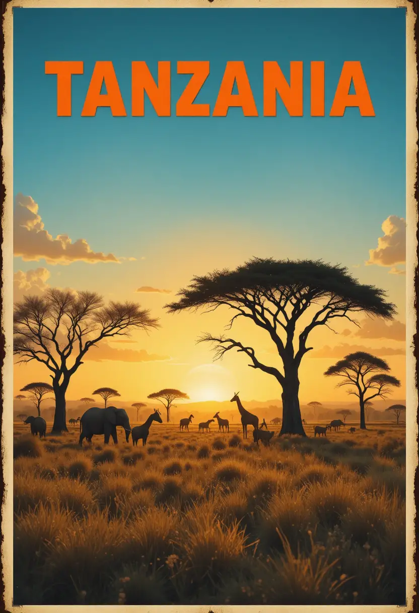 Wildlife silhouettes at dawn across Tanzania's savannah in a vintage travel poster