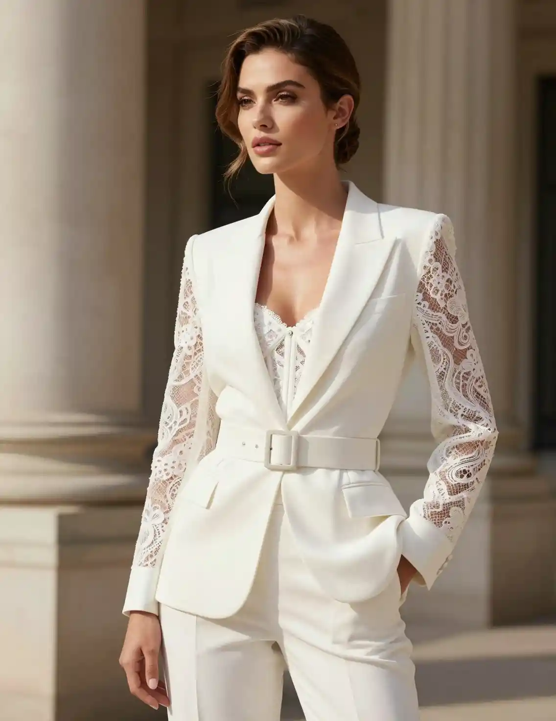 A Glamorous Woman Poses in a White Lace Ensemble Among Stone Columns