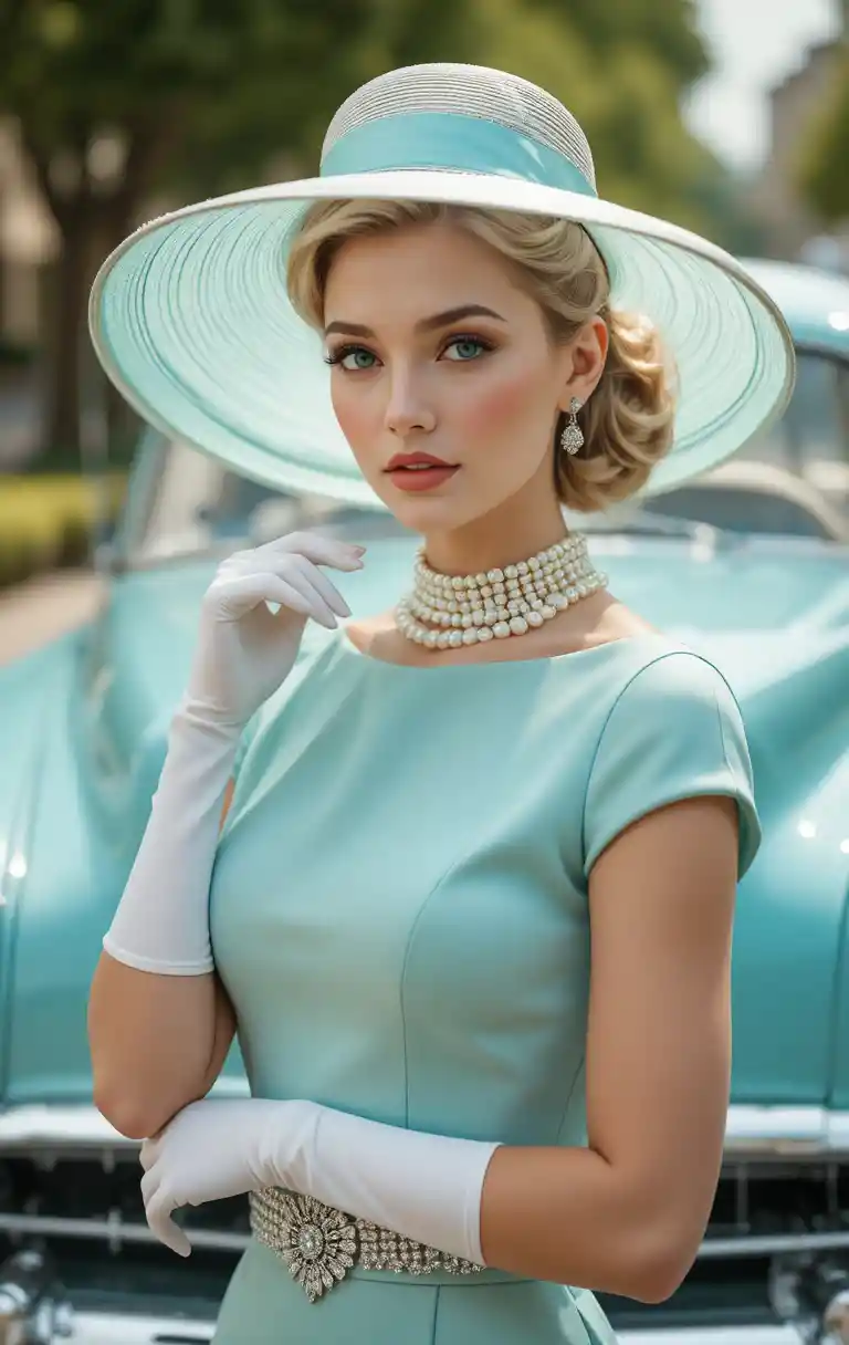 一位穿著 1950 年代風格洋裝的金髮女子，在經典轎車前擺姿勢
