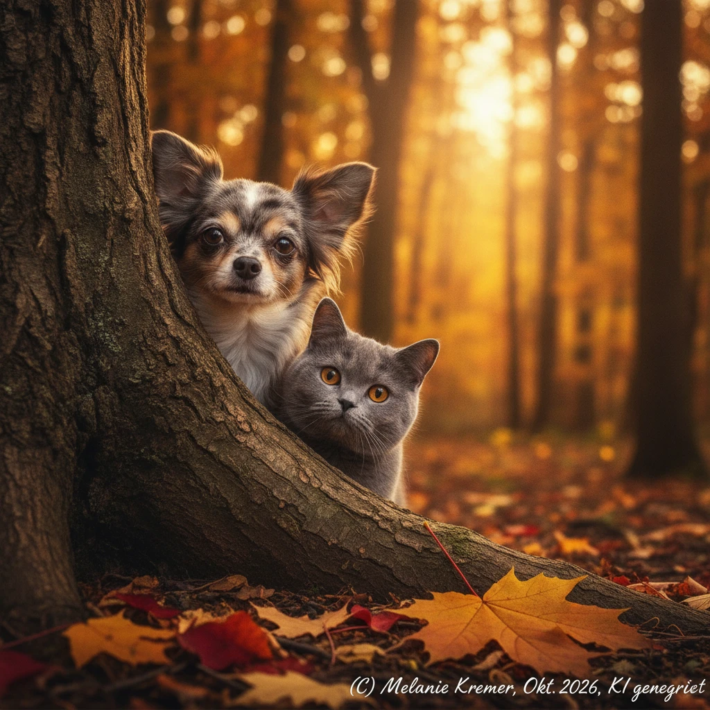 Um chihuahua e dois gatos British Shorthair espreitam por trás de uma árvore no outono