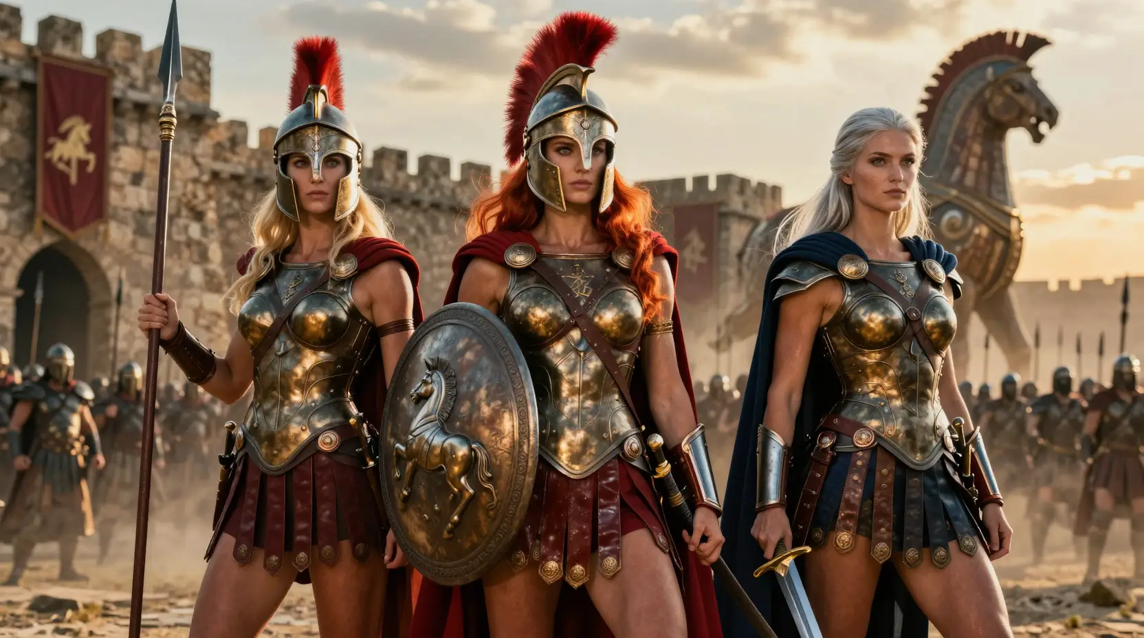 Three Spartan Women Stand In Formation Before The Ancient Gates Of Troy