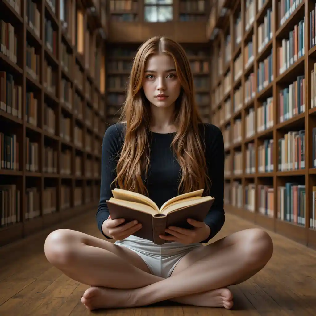 Young woman reading beside colorful bookshelves in a cozy library