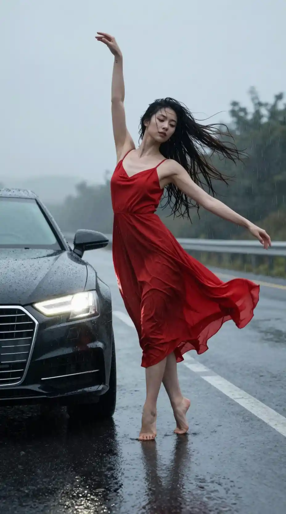 Una donna balla a piedi nudi su un'autostrada bagnata, con un abito sottoveste rosso