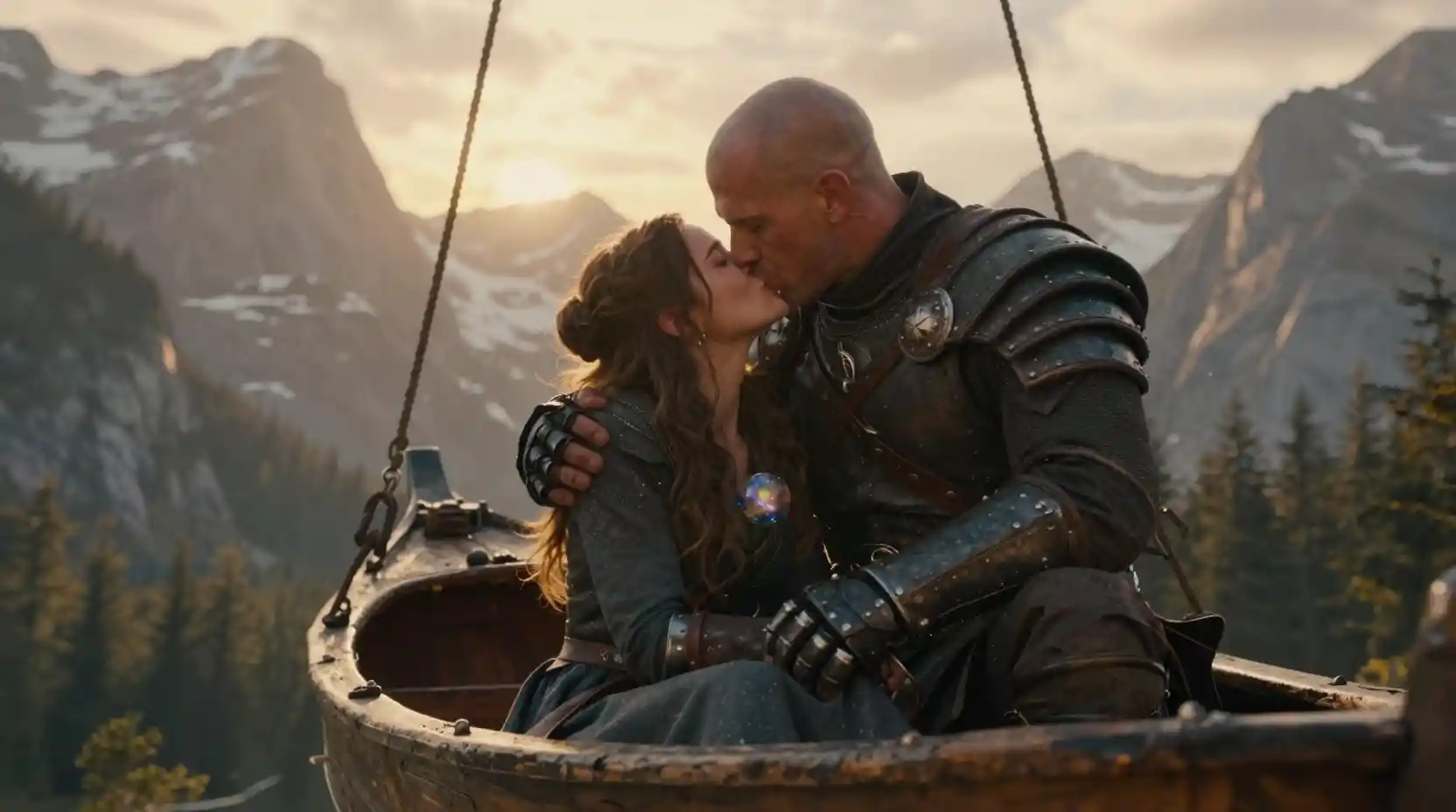 A Mage and Warrior Kiss in a Gondola Above Snow-Capped Mountains