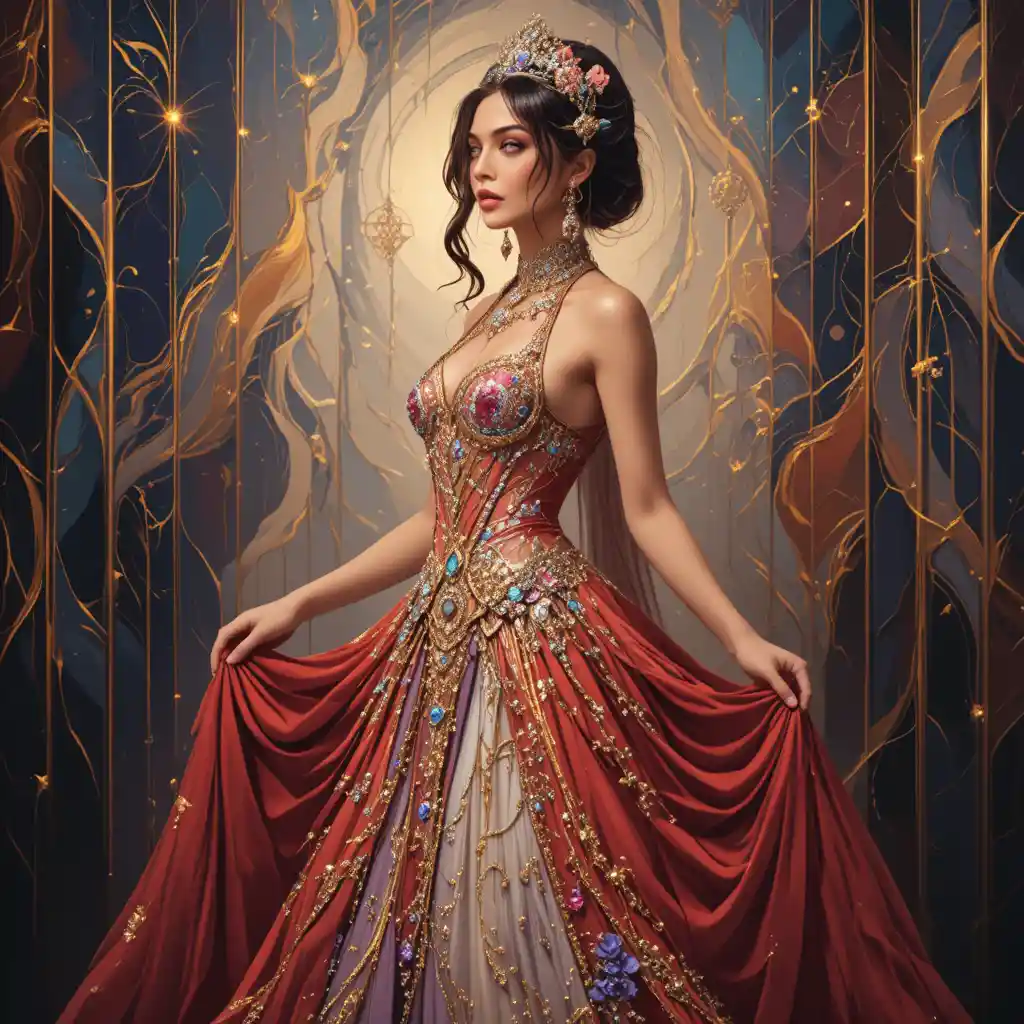 A fantasy woman stands in an ornate jewel-toned gown