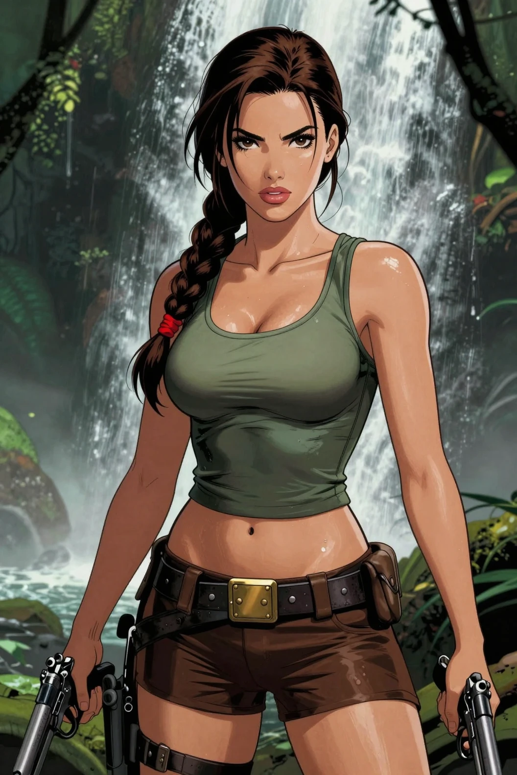 Lara Croft Stands Armed Before a Cascading Jungle Waterfall