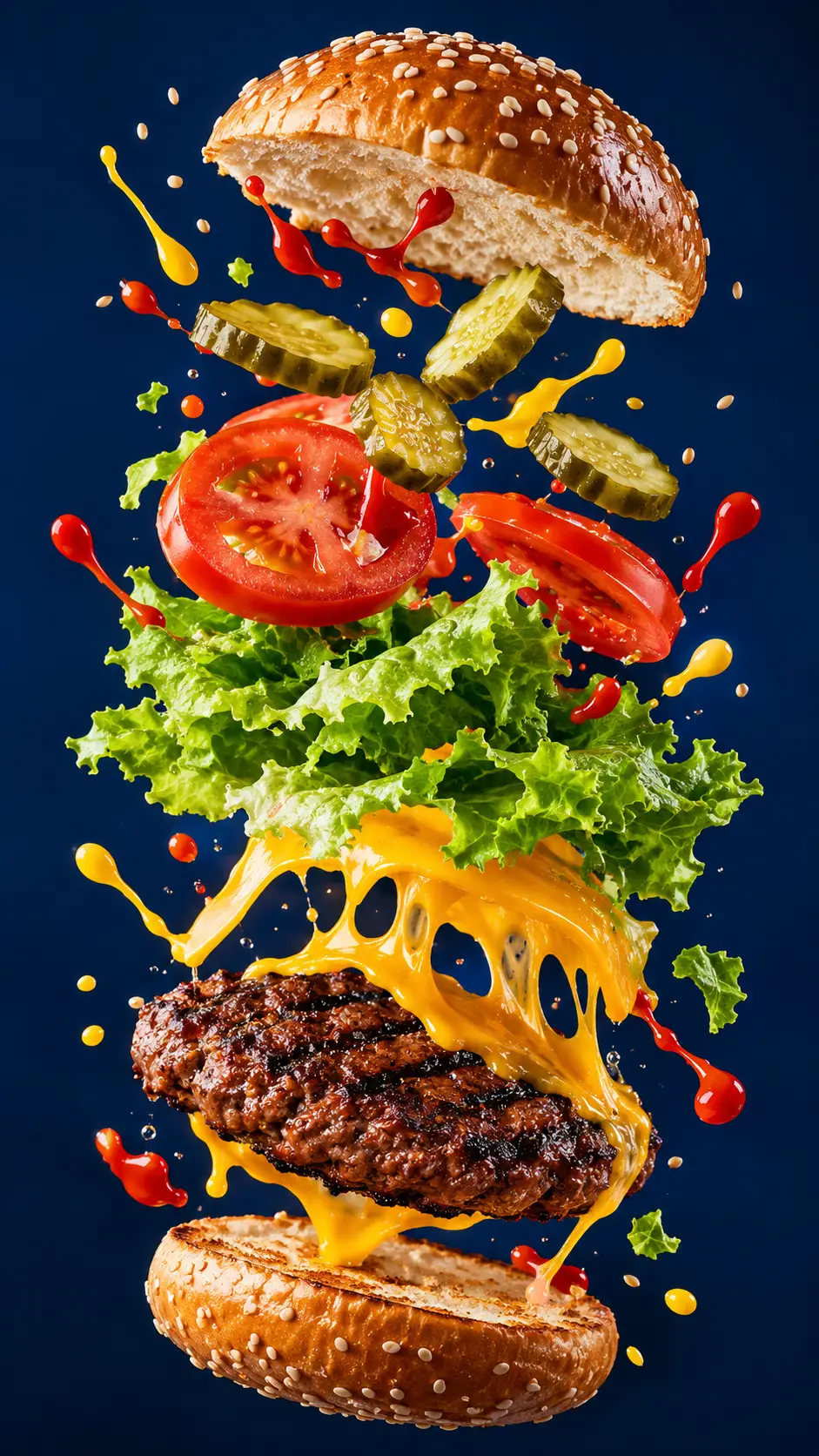 Los ingredientes de una hamburguesa con queso deconstruida flotan sobre un fondo azul marino intenso