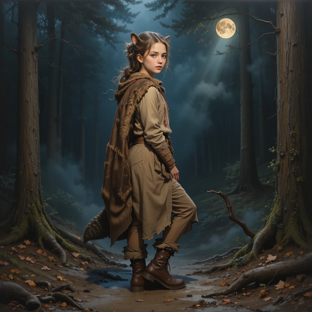 A wolverine girl waits on a dark forest path at dusk
