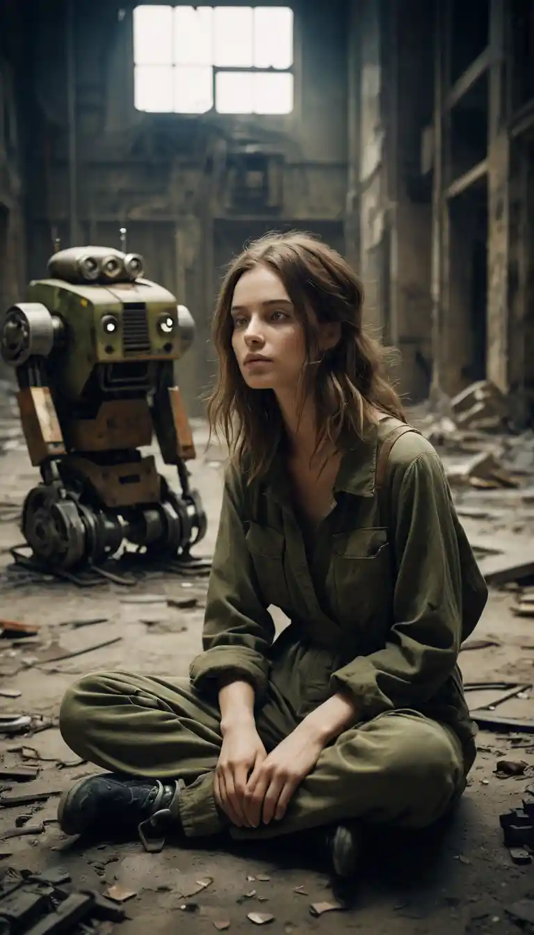 Une femme assise près d’un robot rouillé dans un lieu abandonné