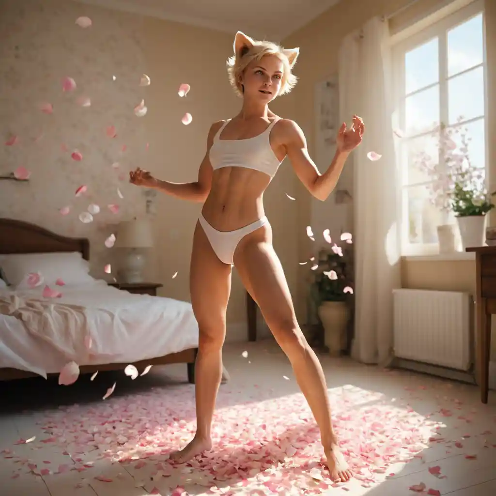Blond fantasy girl poses amid floating petals in a sunlit bedroom