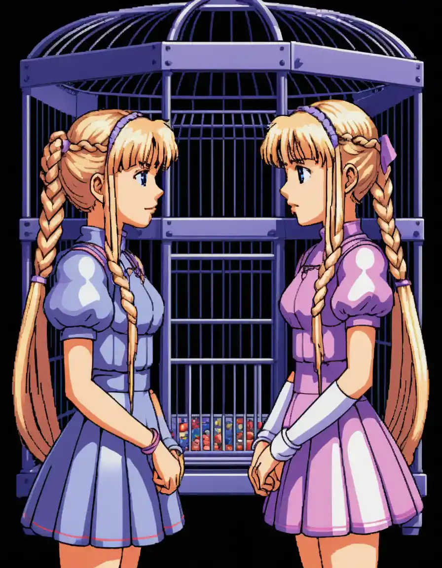 三つ編みの少女が、檻に閉じ込められた金髪の少女のそばに立っている