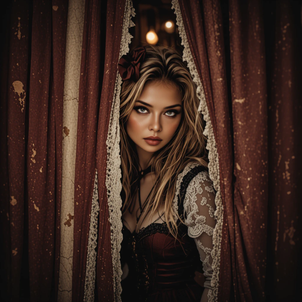 A woman peers through heavy curtains in a gothic portrait
