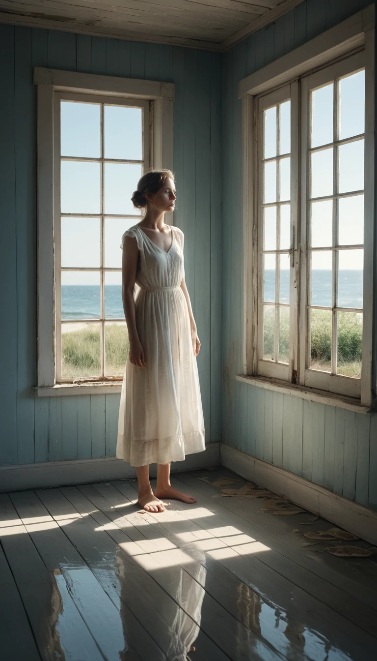 A Woman Stands In A Seaside Room Filled By The Surging Sea