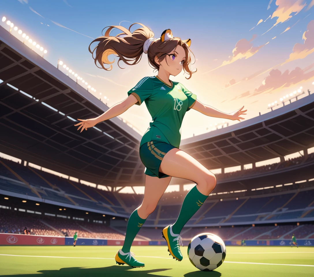 A tiger woman soccer player runs with the ball across a stadium pitch