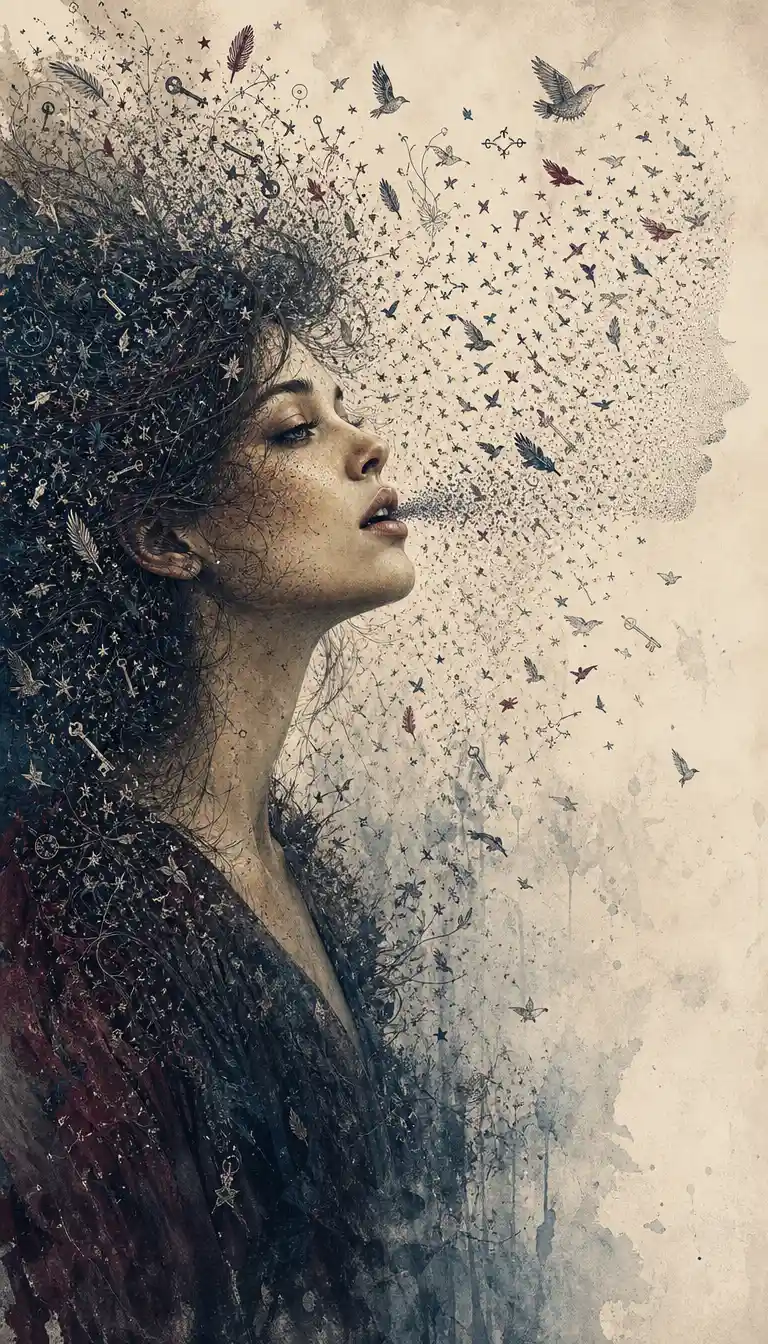A woman releases a symbolic flock of birds into silence