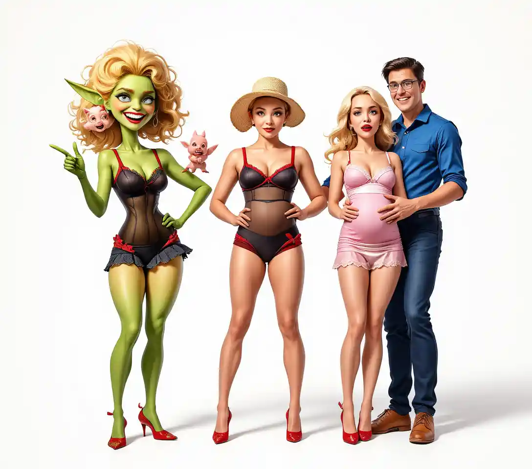 Un goblin dei cartoni animati dall’aria buffa e personaggi spaventati su uno sfondo bianco e pulito