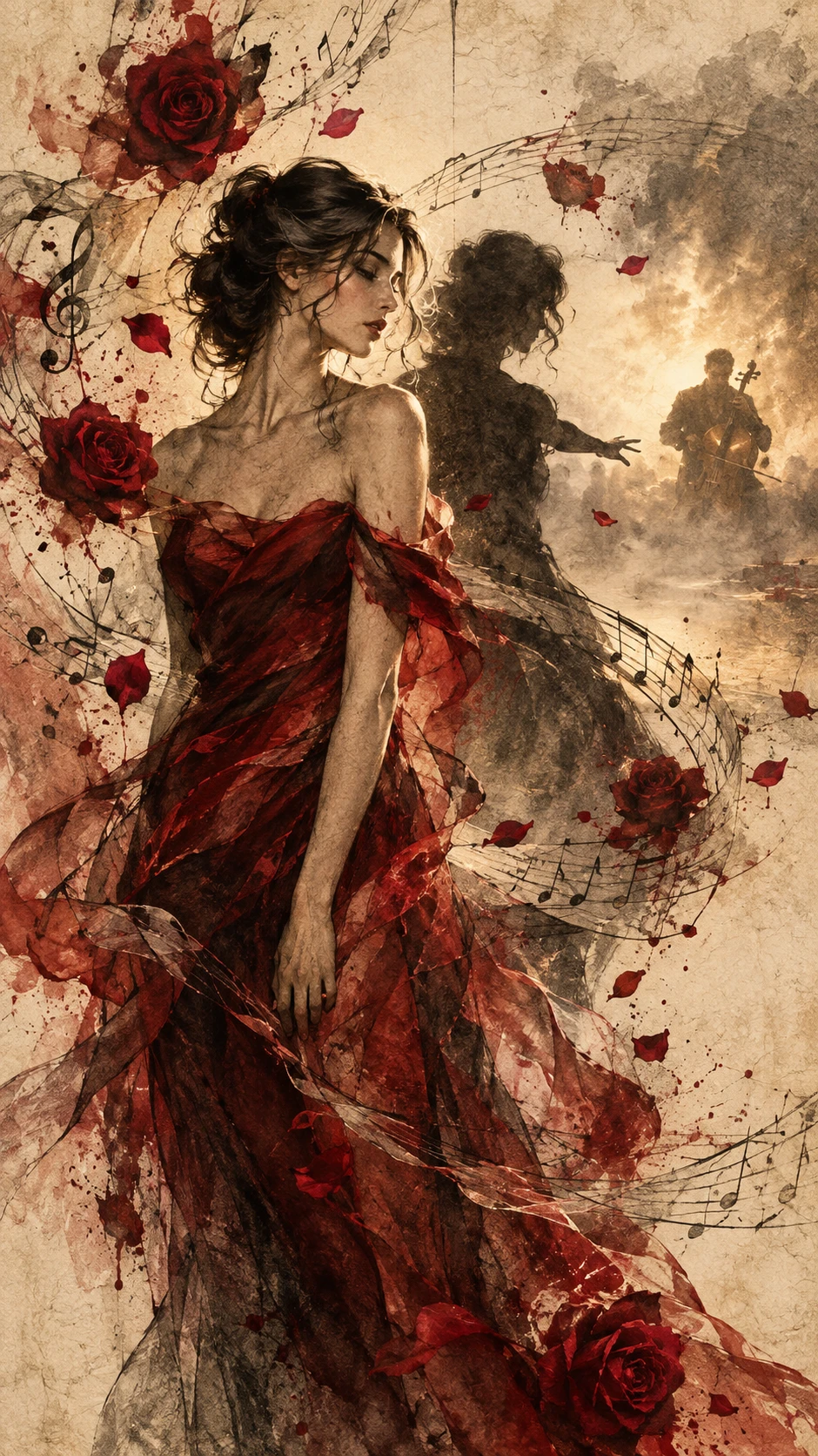 A still woman surrounded by waves of musical energy