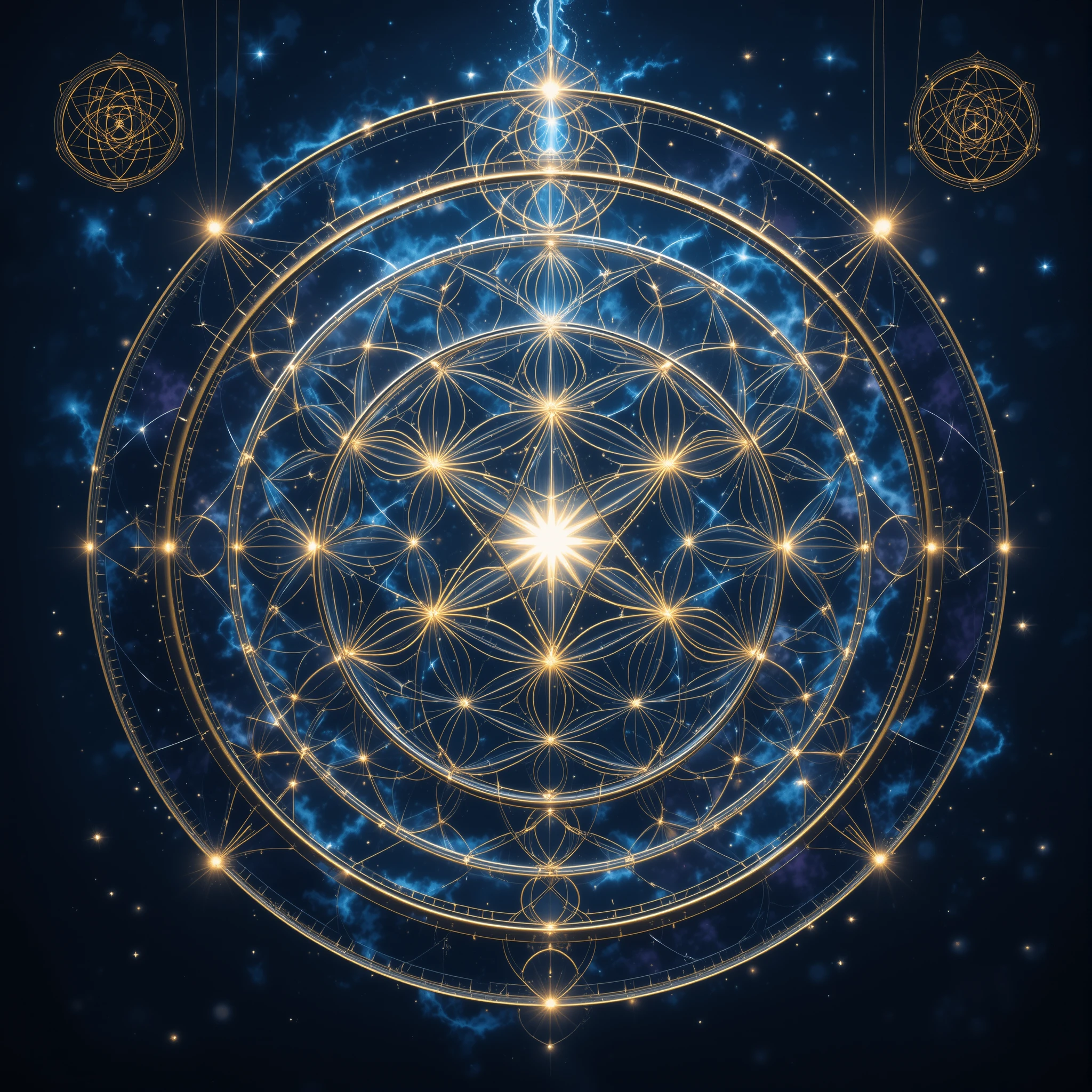 Mandala de geometría sagrada resplandeciente bajo un cielo cósmico estrellado a medianoche