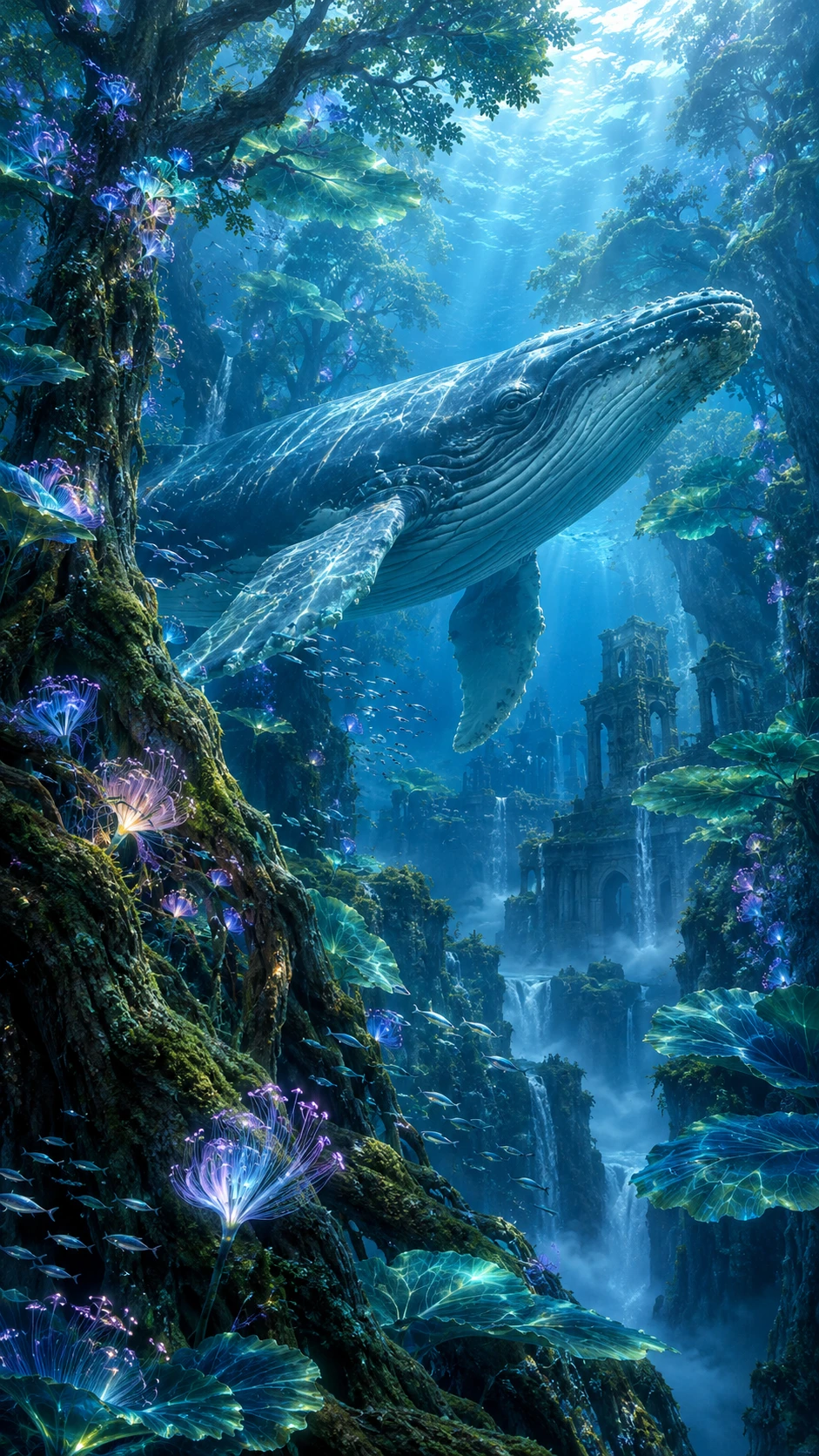 A gentle whale glides through a luminous subterranean forest beneath clear water