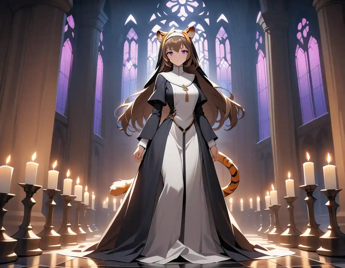 A tiger woman in a nun's habit stands within a Gothic cathedral