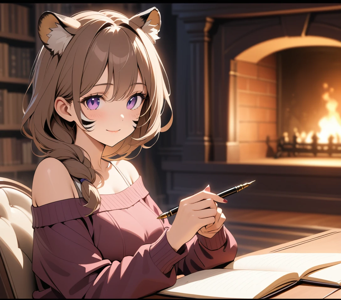 A Tiger Woman Writer Reflects Beside Her Notebook in a Fireside Library