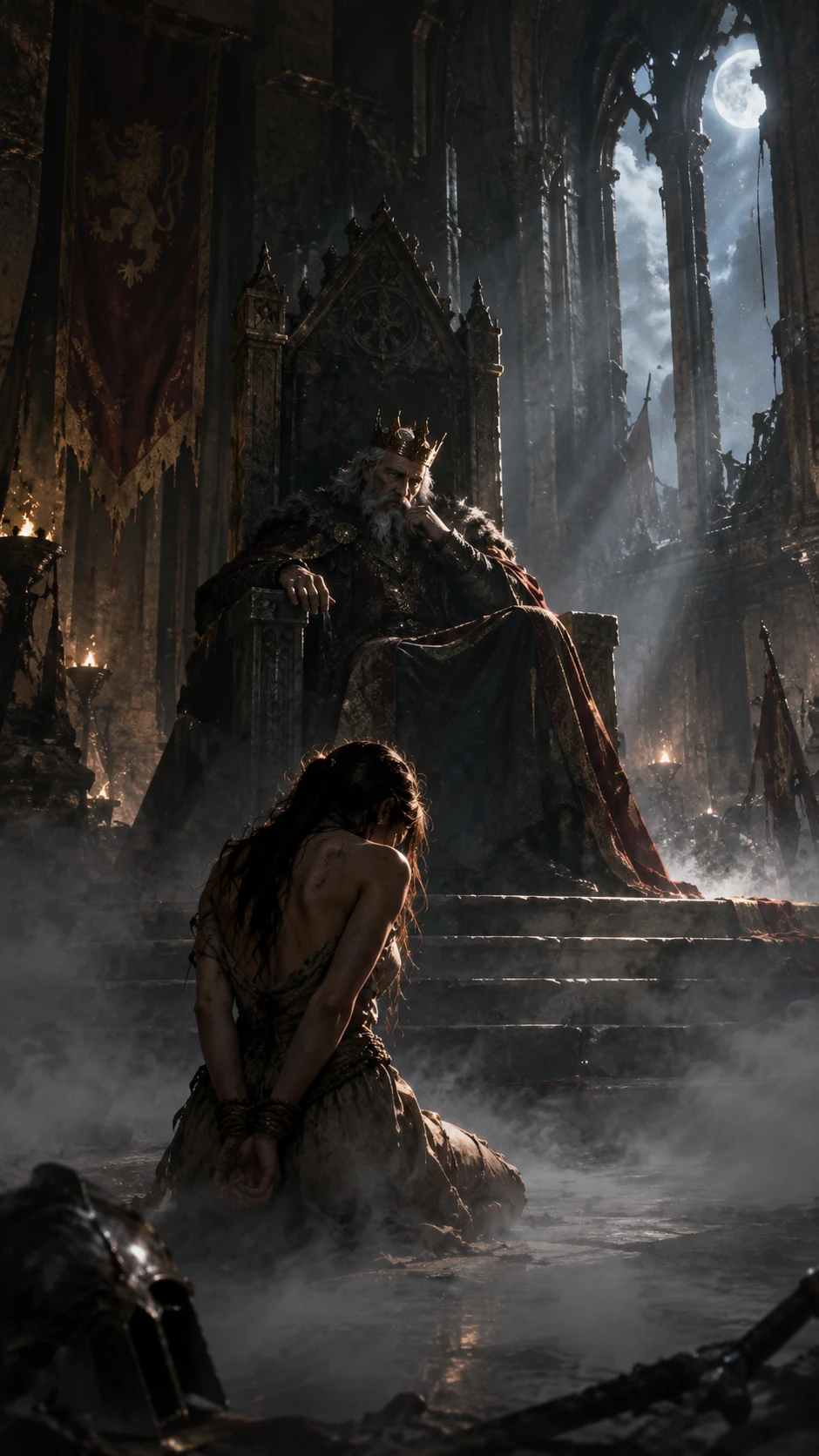 A bound young woman kneels before an aged king in a ruined throne room
