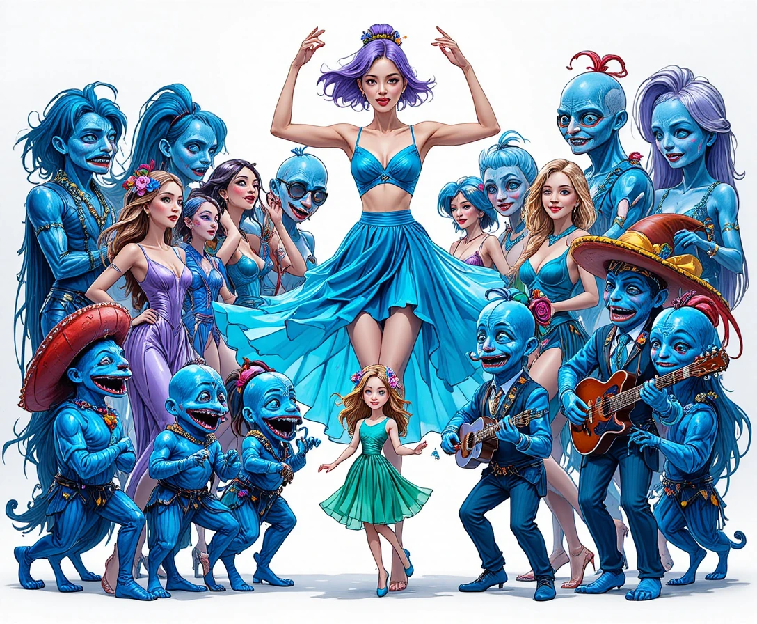 Trois danseuses entourent trois personnages bleus de dessin animé dans un collage festif