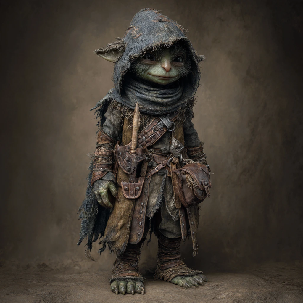 A goblin thief in a tattered hood and leather cloak