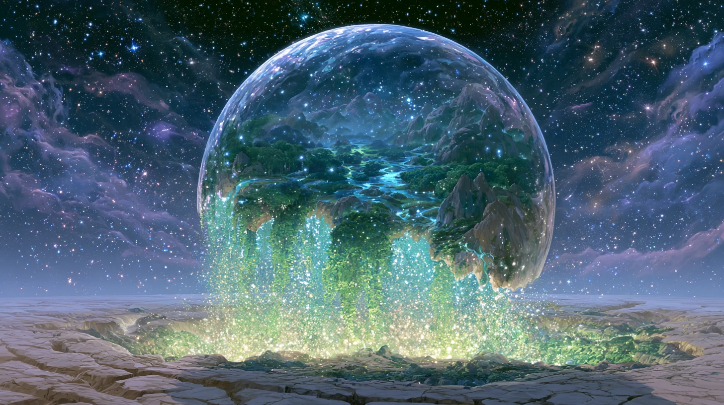 Eine schimmernde Blase schwebt über einem zerklüfteten Planeten unter einem kosmischen Himmel