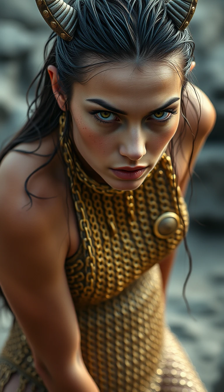 A Demon Goddess in Gold Chain Mail Meets the Camera's Gaze
