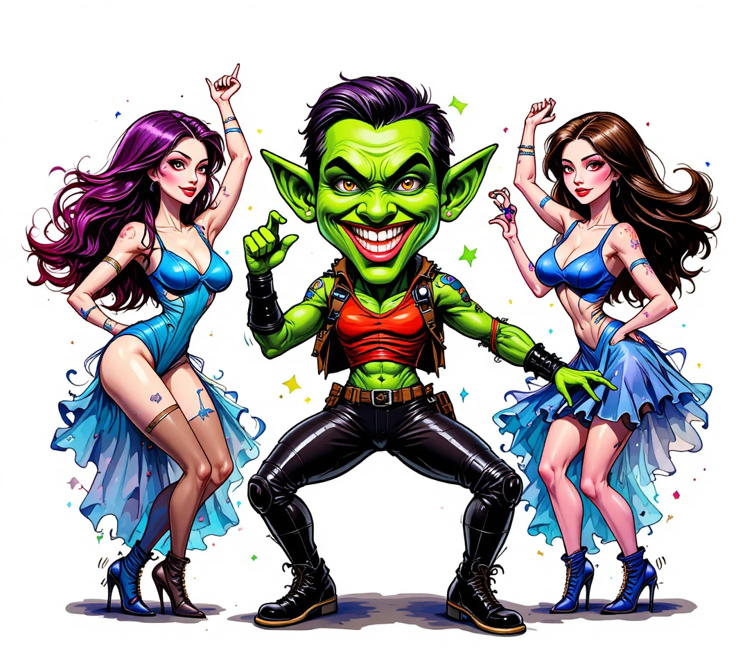 Un goblin sorridente tra tre donne che danzano in abiti fantasy