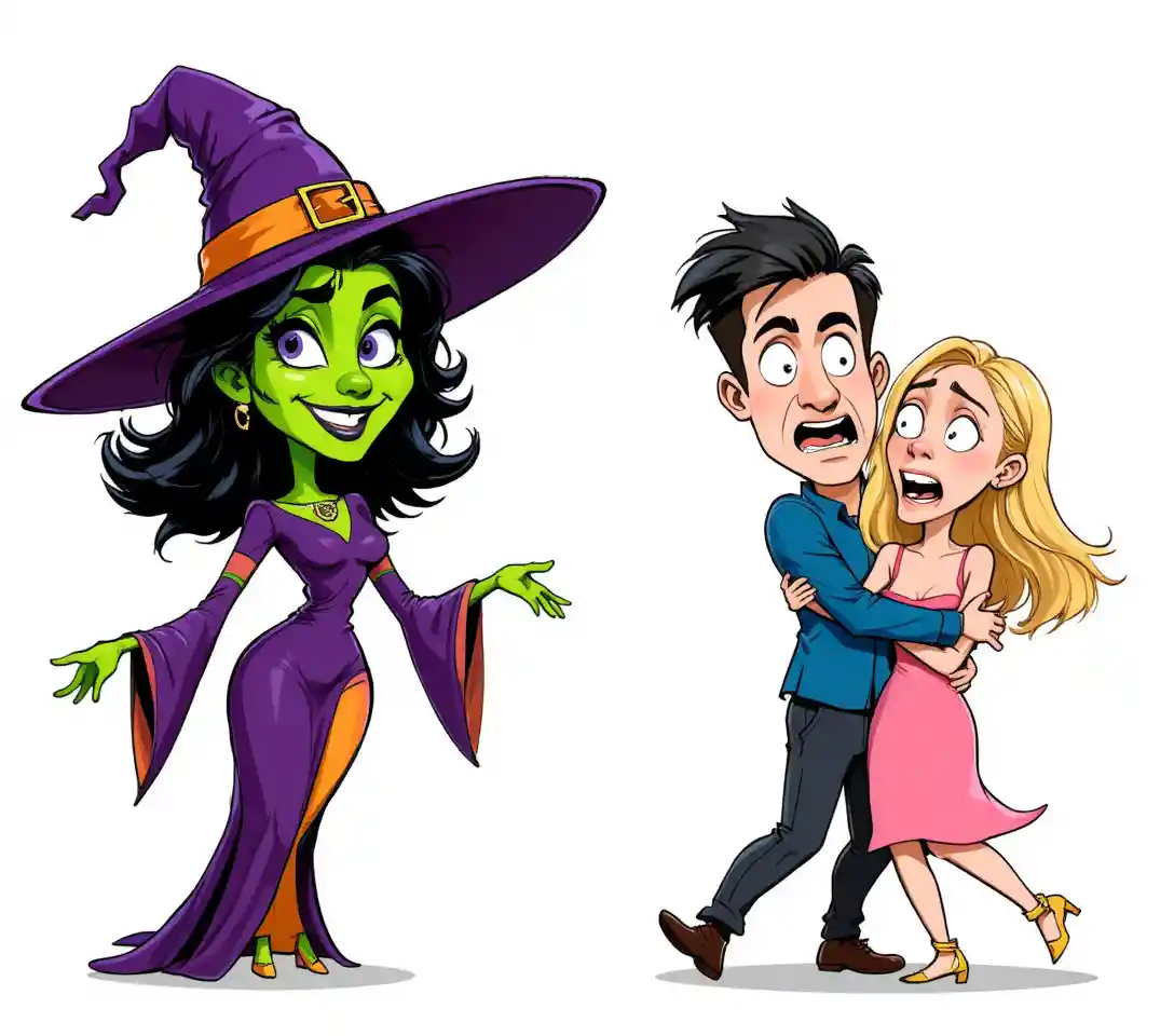 A green witch floats in a bold comic book illustration