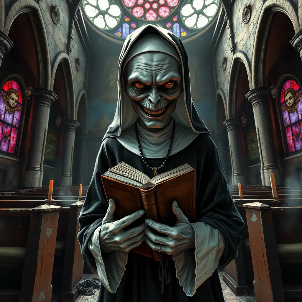 A sinister nun guards an ancient prayer book inside a decaying church