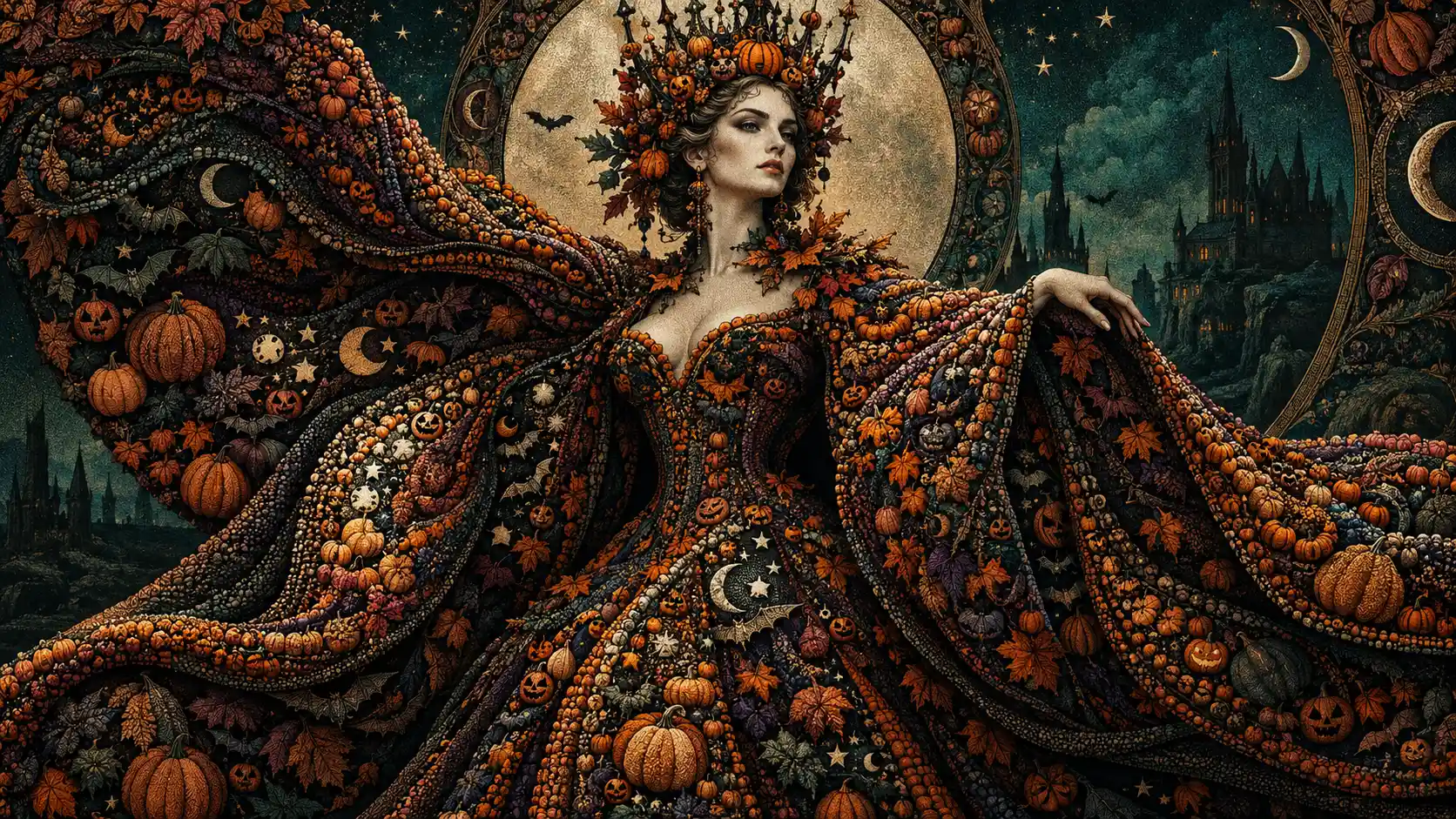 Eine majestätische Kürbiskönigin trägt ein surrealistisches Kleid mit kunstvoller Punktierung