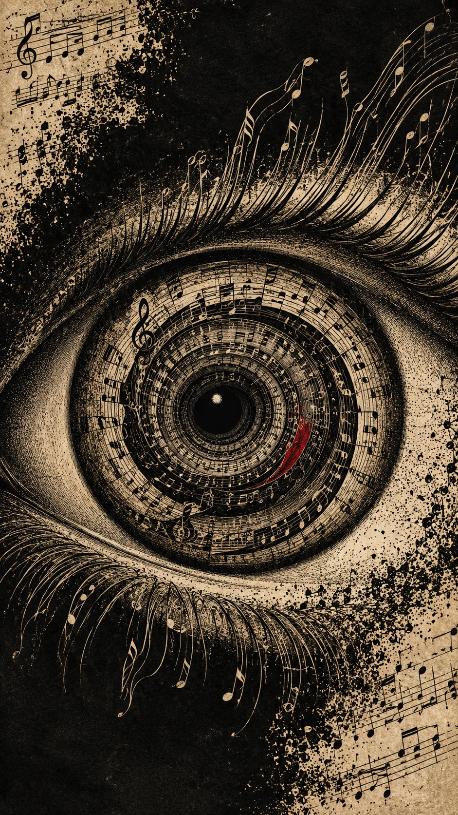 A Surreal Eye Holds a Spiraling Musical Universe Within Its Iris