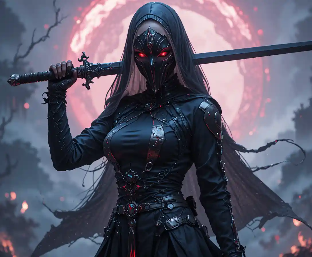 Assassina freira de anime mascarada empunha uma espada larga em um cenário infernal
