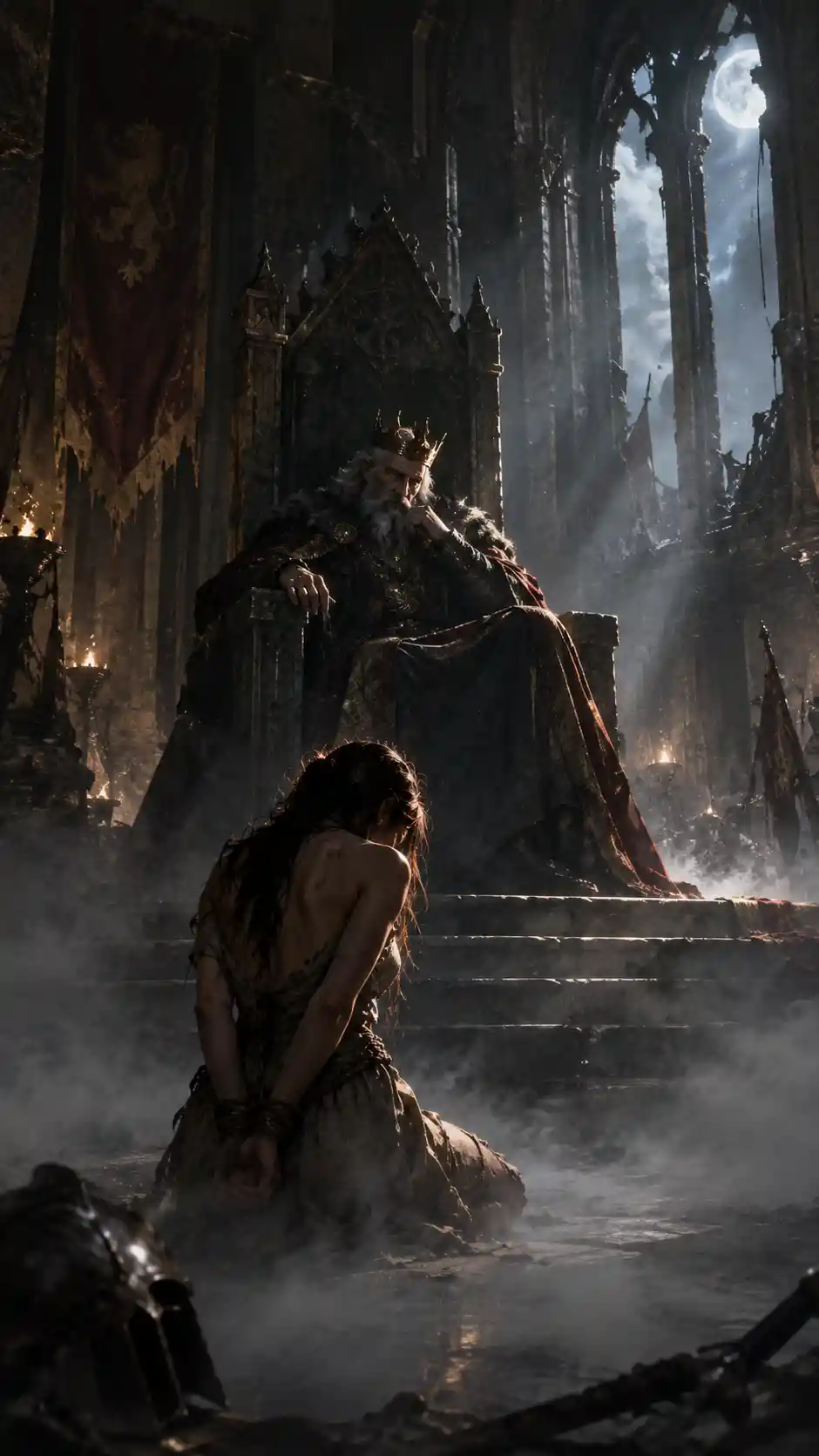 A bound young woman kneels before an aged king in a ruined throne room