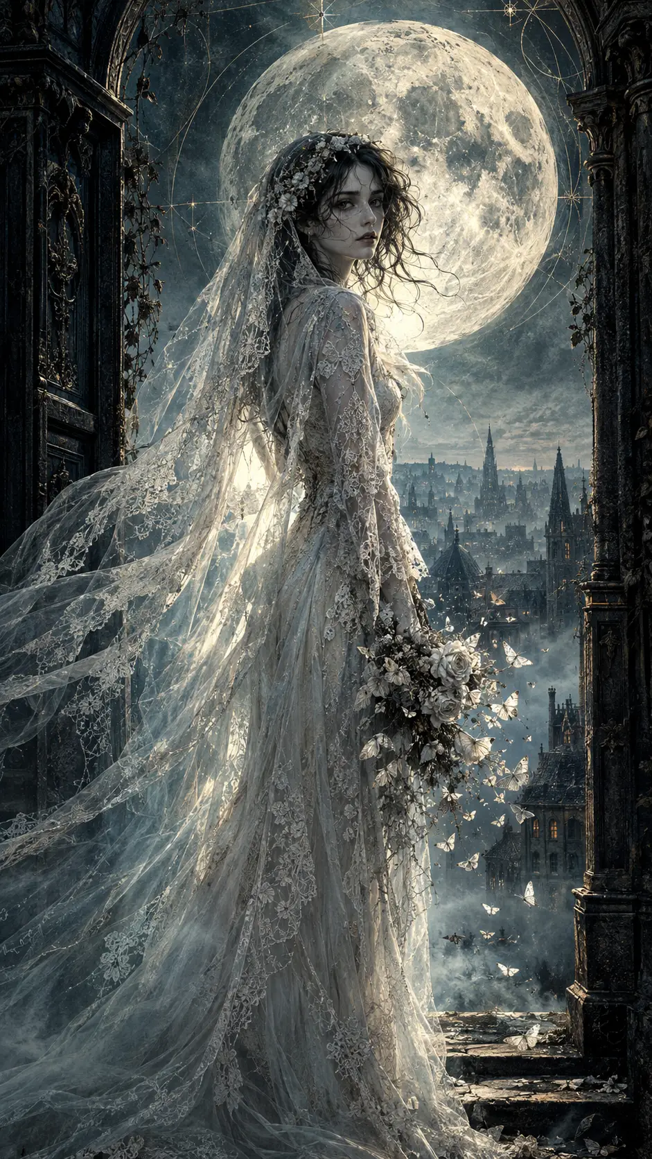 A spectral bride stands beneath an enormous moon in an abandoned manor doorway
