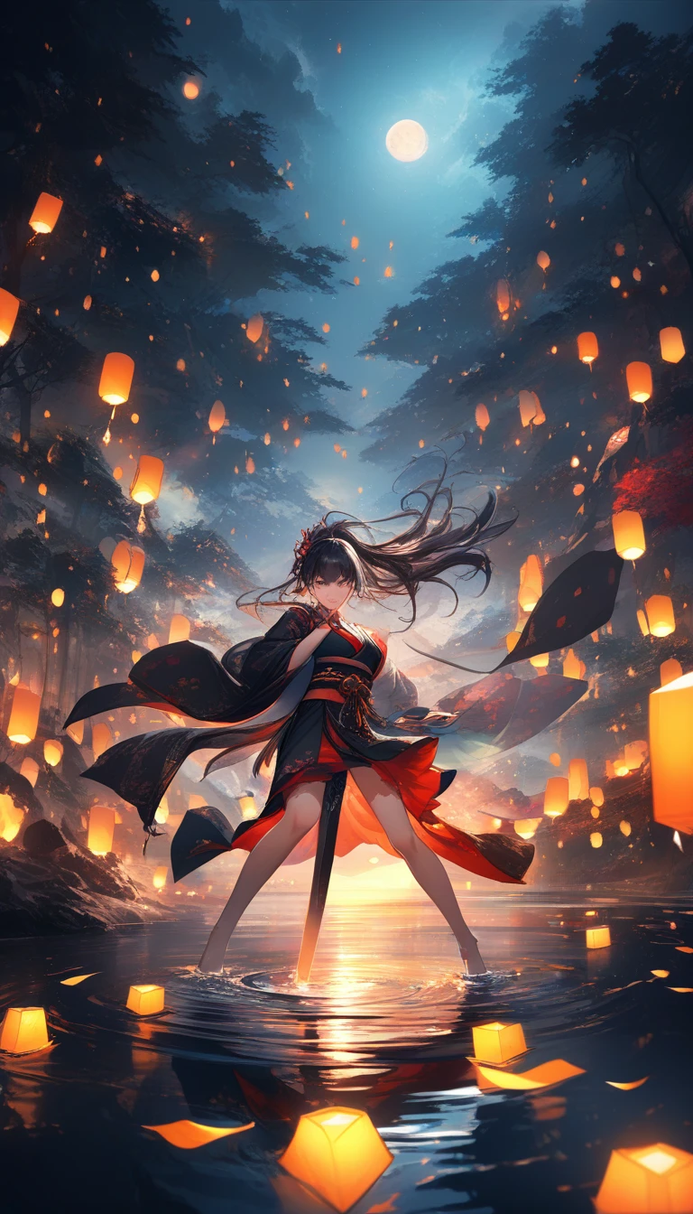 An Anime Samurai Woman Holds a Katana in Moonlit Water