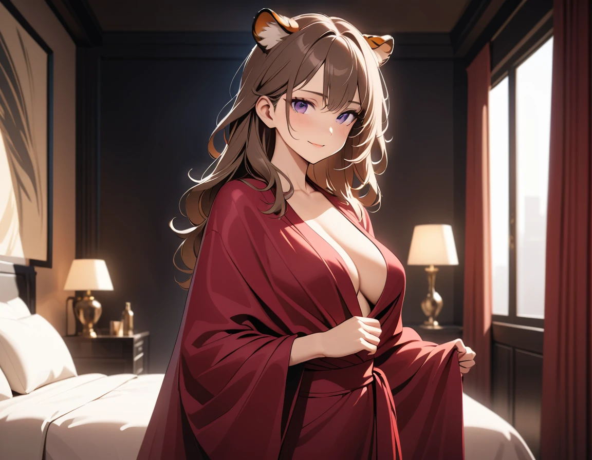 Uma mulher-tigre sorri usando um robe de seda em um quarto luxuoso de cobertura