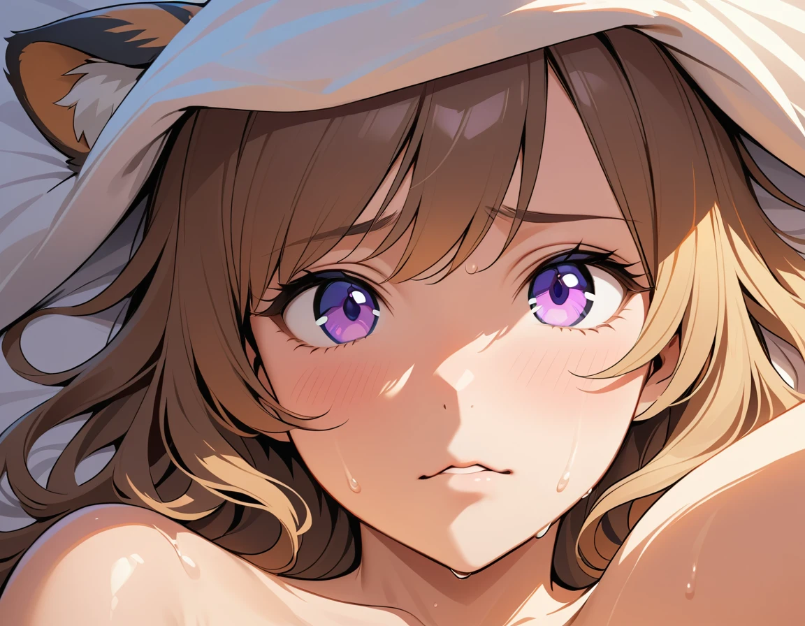 A tiger woman lies beneath white satin sheets in warm window light