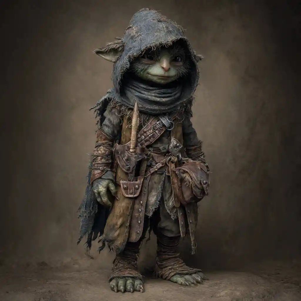 A goblin thief in a tattered hood and leather cloak