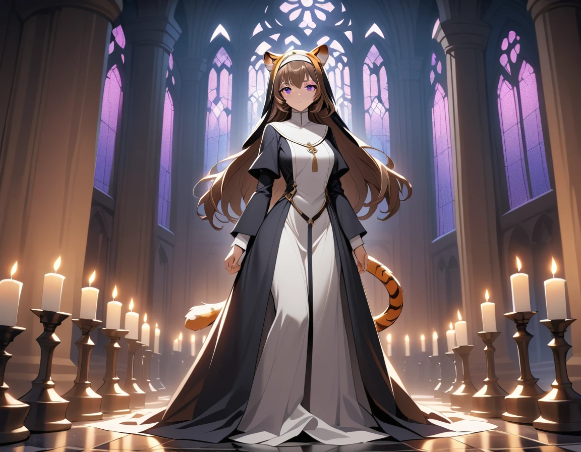 A tiger woman in a nun's habit stands within a Gothic cathedral