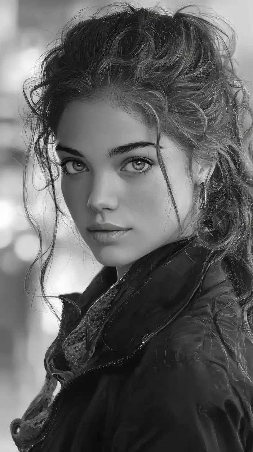 Retrato de uma jovem com olhos expressivos e cabelos volumosos com mechas