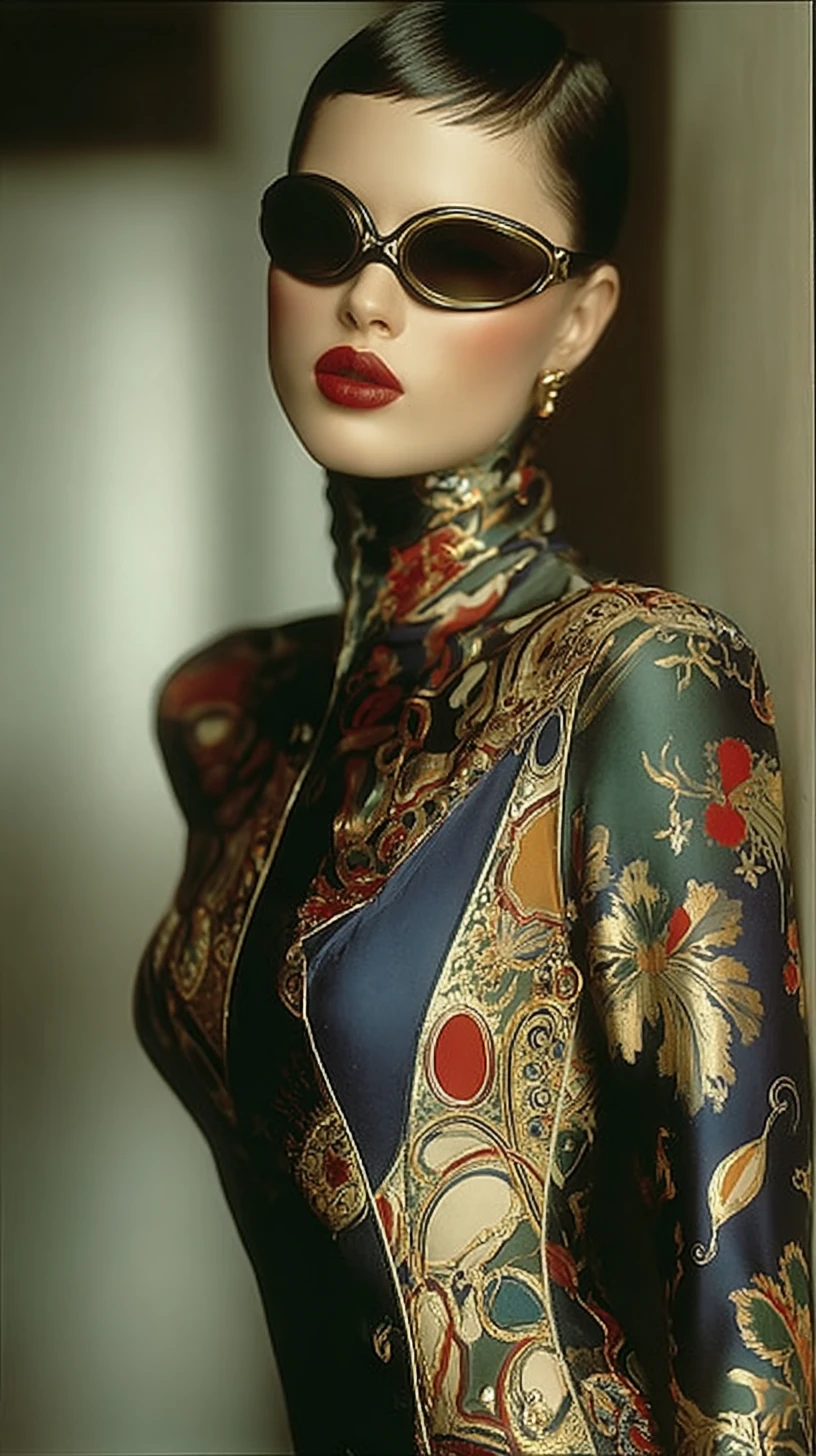A fashion woman plays with a mask amid a richly detailed background